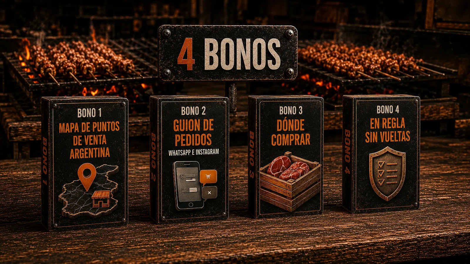 Los cuatro bonos incluidos: mapa de puntos de venta, guion de pedidos, dónde comprar y en regla sin vueltas