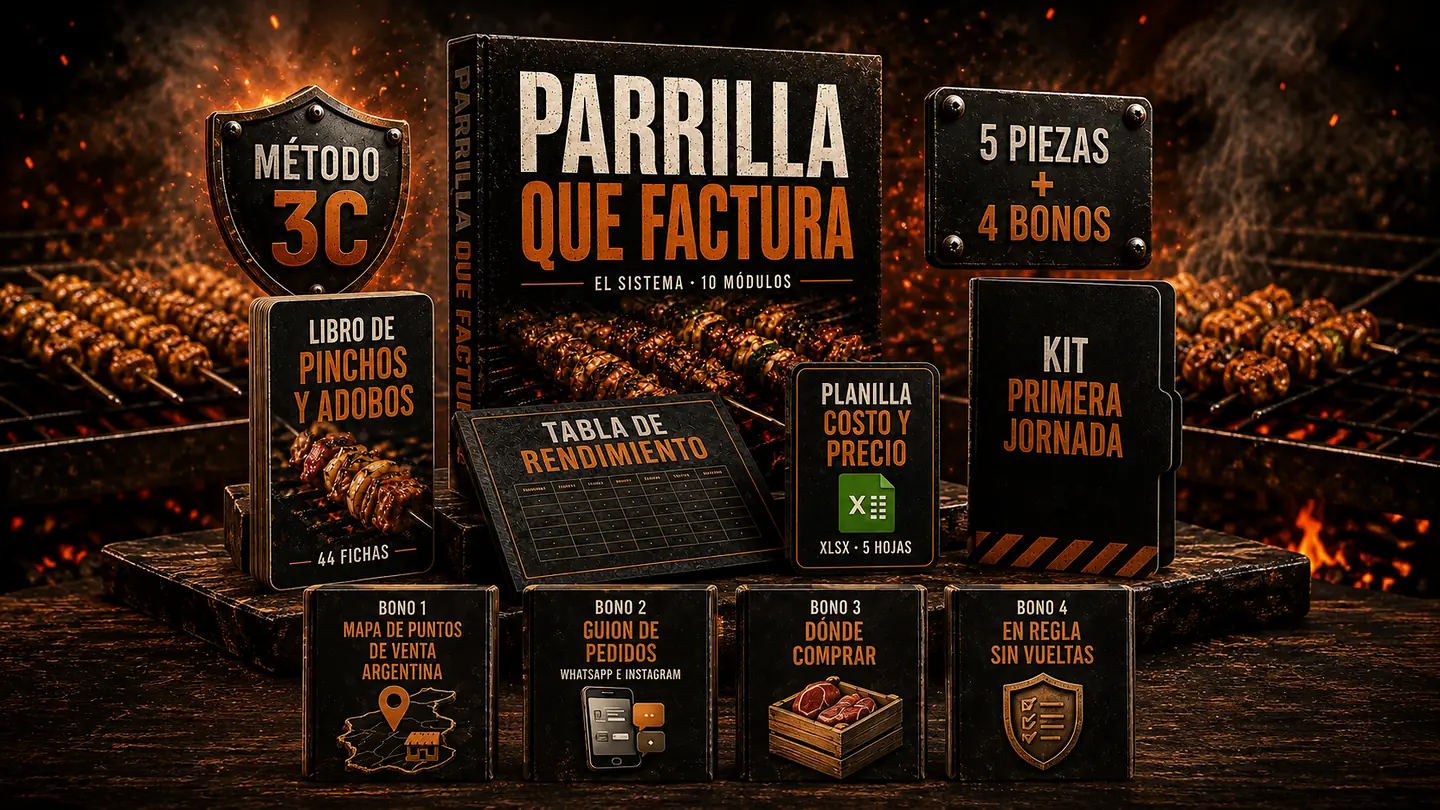 Todo lo que incluye Parrilla que Factura: el sistema, las fichas, la tabla, la planilla y el kit