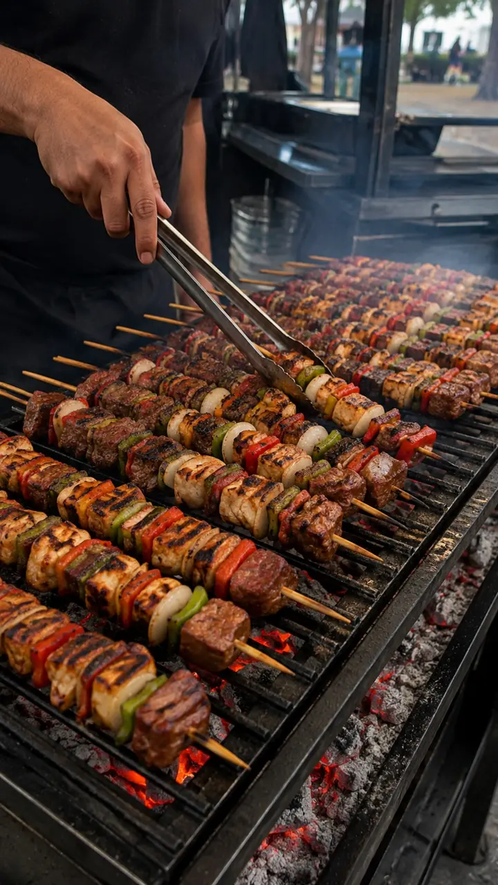 La parrilla llena de pinchos sobre la brasa